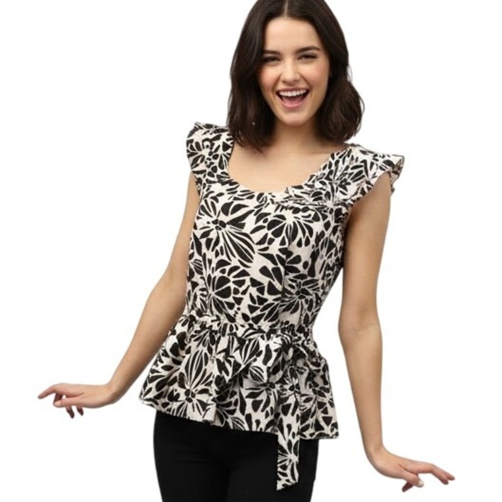 Elle Peplum Top Black Cream Floral Cap Sleeve‎ Embellished Garden Party Feminine